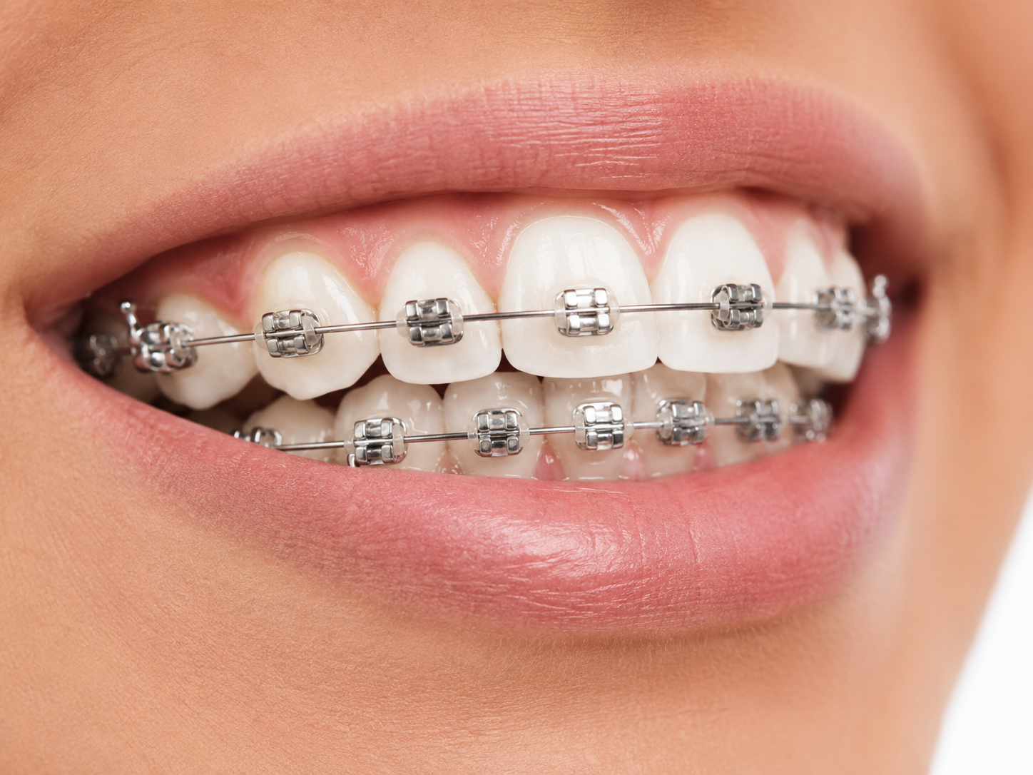Close de dentes com aparelho fixo metálico